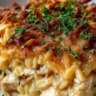 French Onion Chicken Orzo Casserole