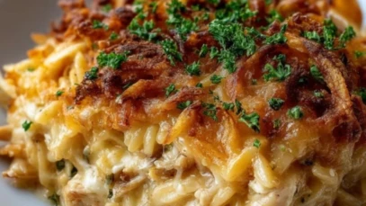 French Onion Chicken Orzo Casserole
