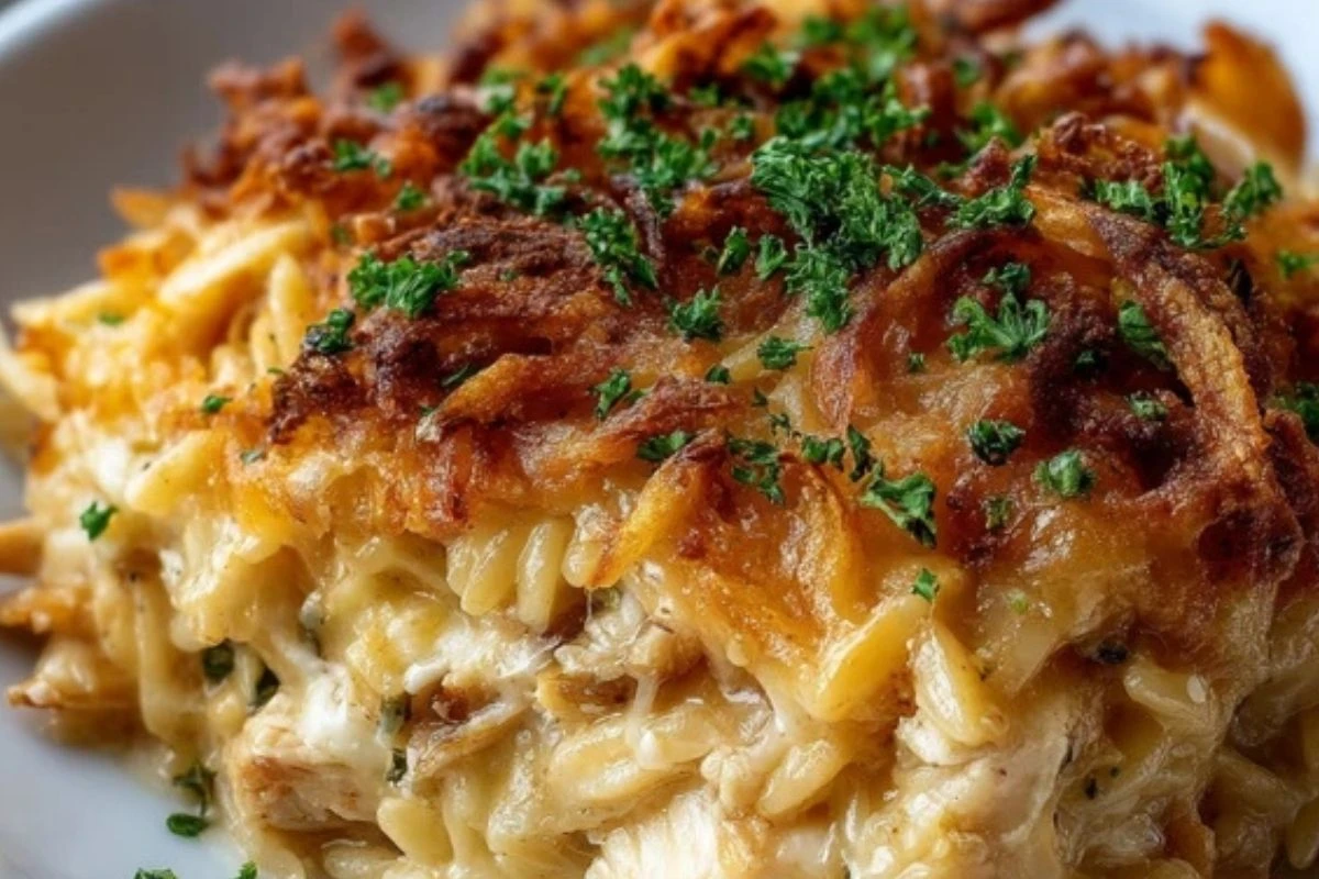 French Onion Chicken Orzo Casserole