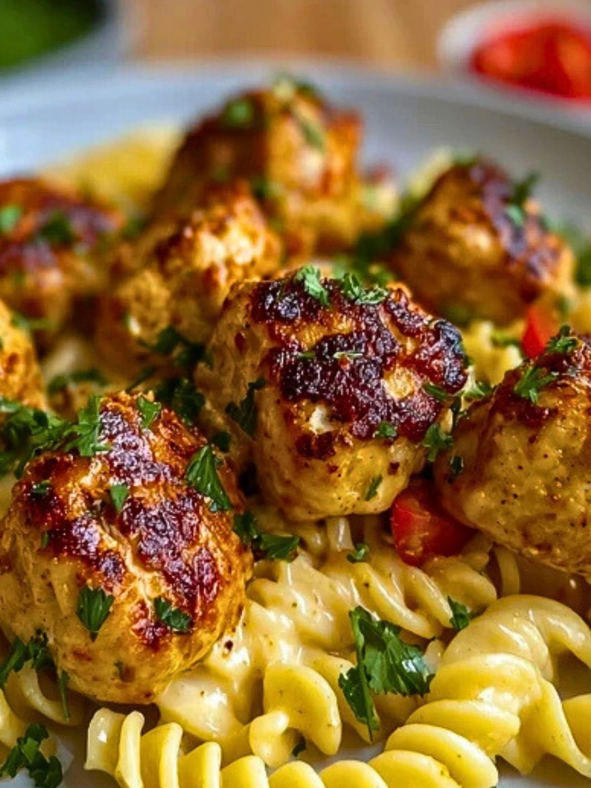 Garlic Butter Chicken Bites with Spicy Cajun Alfredo Twisted Pasta (1)