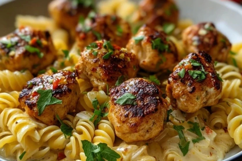 Garlic Butter Chicken Bites with Spicy Cajun Alfredo Twisted Pasta