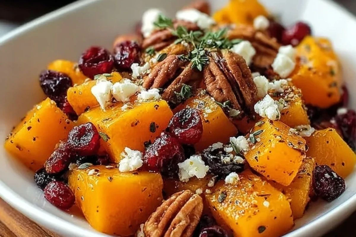Honey Roasted Butternut Squash with Cranberries, Pecans, and Feta