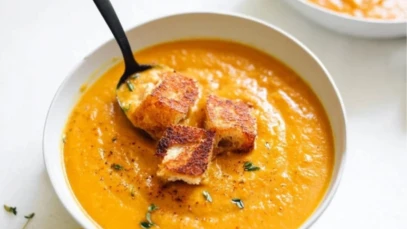 Spicy Pumpkin Soup with Grilled Cheese Croutons