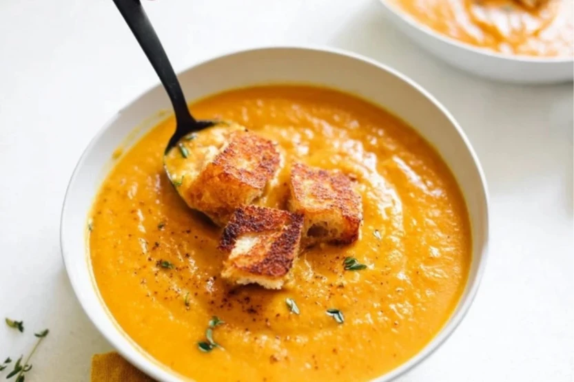 Spicy Pumpkin Soup with Grilled Cheese Croutons