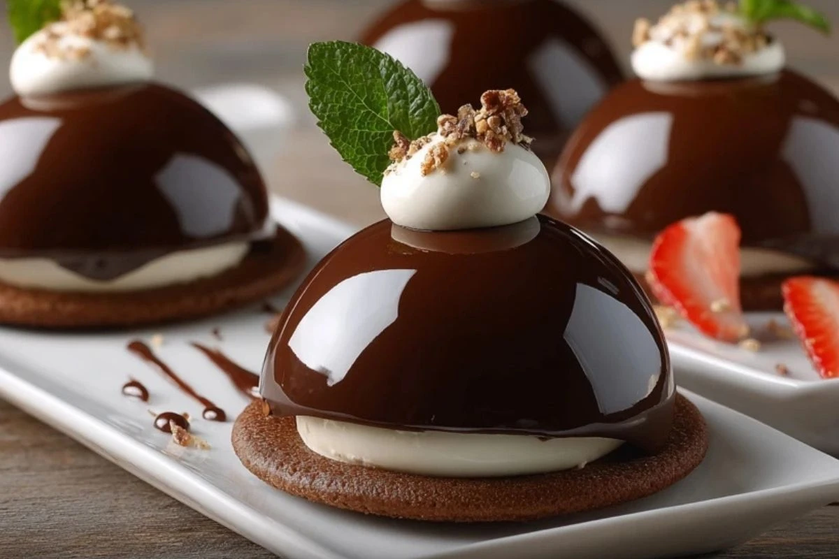 Elegant Chocolate Mascarpone Dome Dessert with Glossy Shells