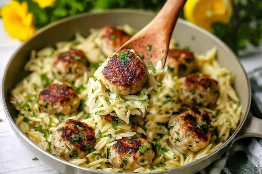 Quick Greek Chicken Meatballs With Lemon Orzo