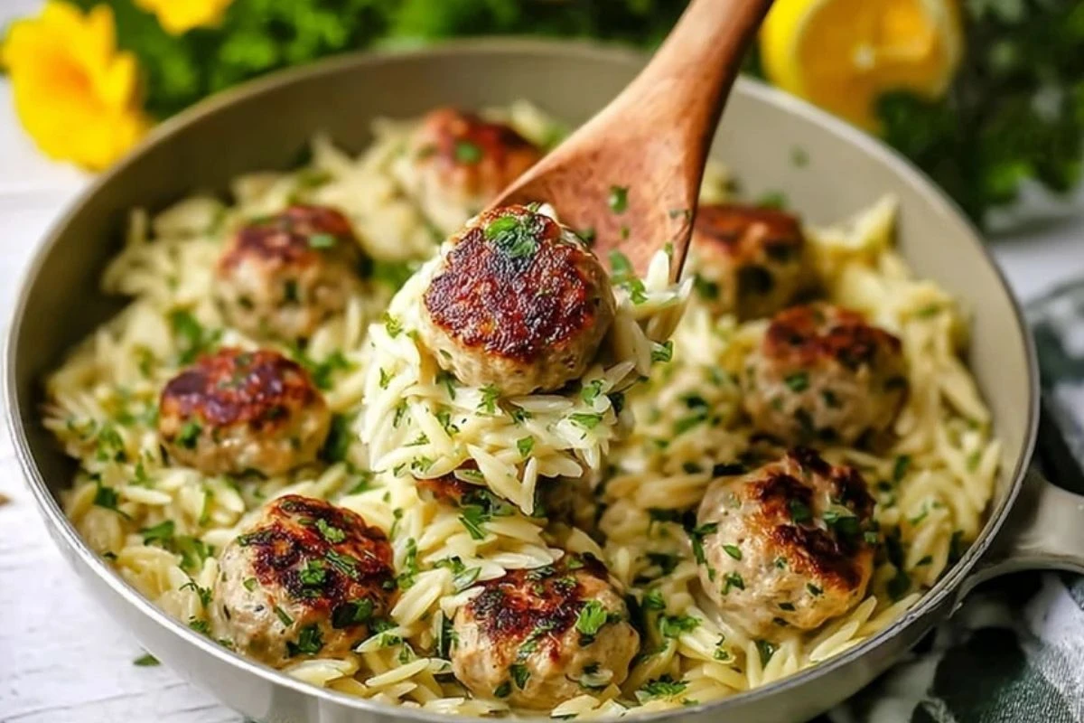 Quick Greek Chicken Meatballs With Lemon Orzo