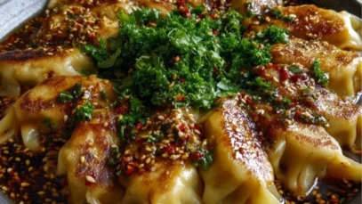 Oven-Baked Dumplings with Peanut Sauce
