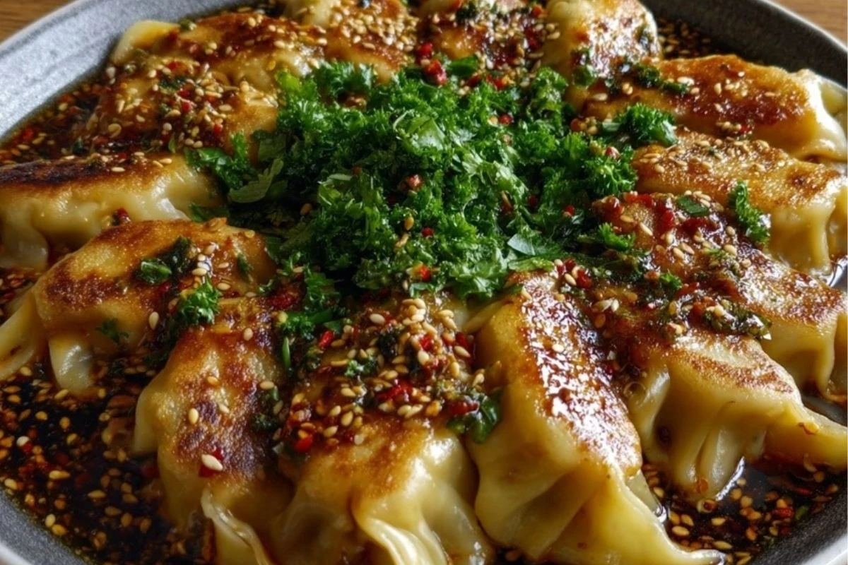 Oven-Baked Dumplings with Peanut Sauce