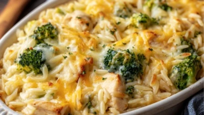 Creamy Cheesy Chicken Broccoli Orzo Bake