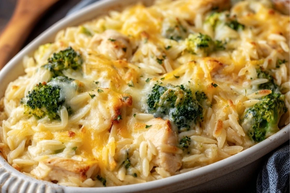 Creamy Cheesy Chicken Broccoli Orzo Bake