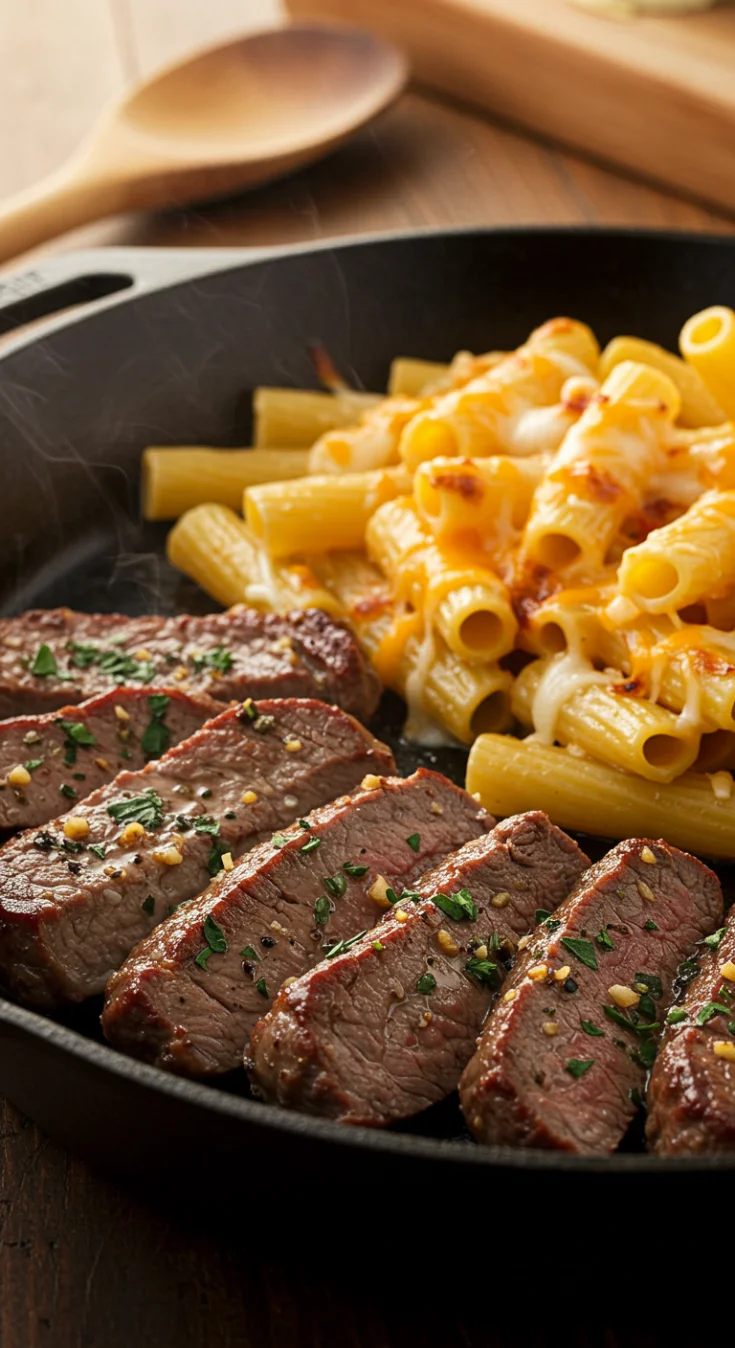 Garlic Butter Steak Tips with Cheesy Rigatoni
