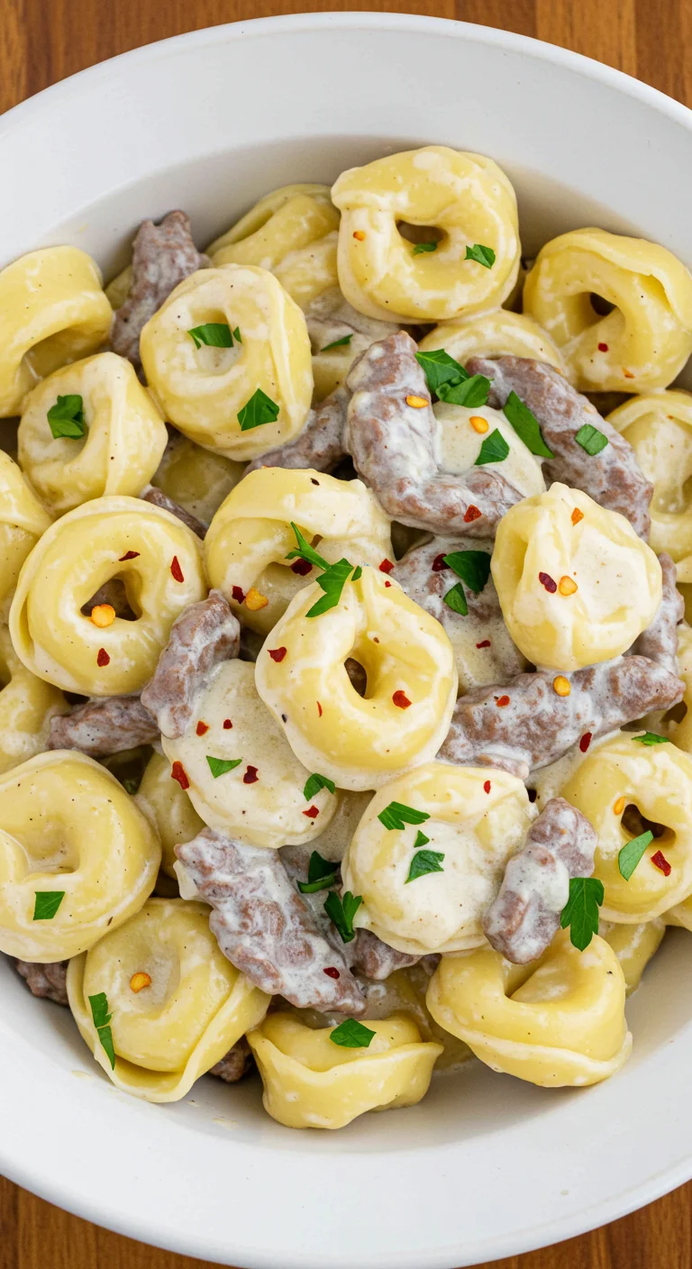 Cheesesteak Tortellini in Rich Provolone Sauce