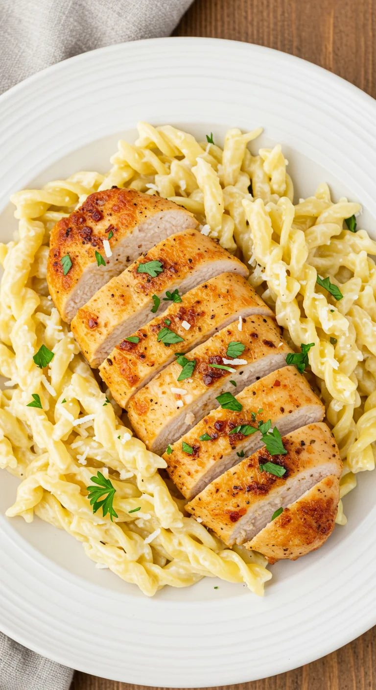 Creamy Garlic Parmesan Chicken with Cheesy Twisted Pasta