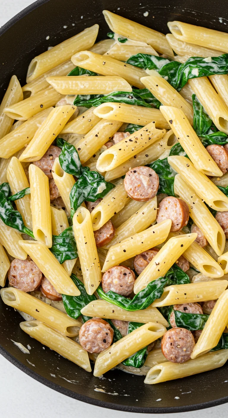 One Pan Creamy Penne with Spinach and Italian Sausage