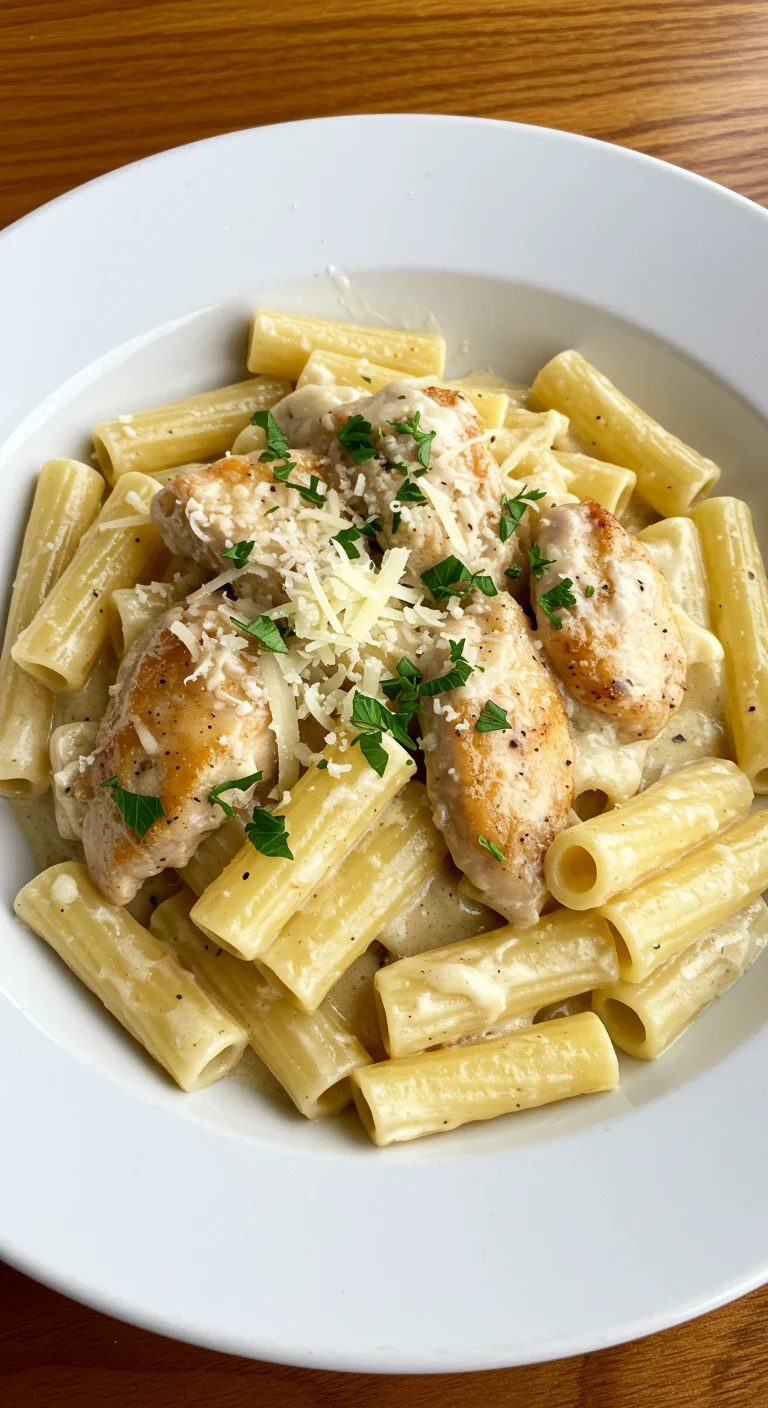 Creamy Garlic Butter Chicken and Rigatoni in Parmesan Sauce